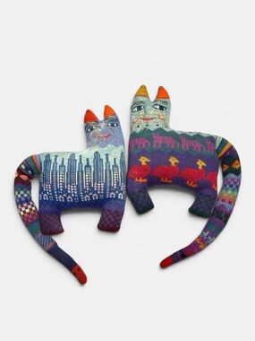 Pair Vintage 1986 Handloomed Wool Folk Art Cat Pillows Soft Sculptures Signed
